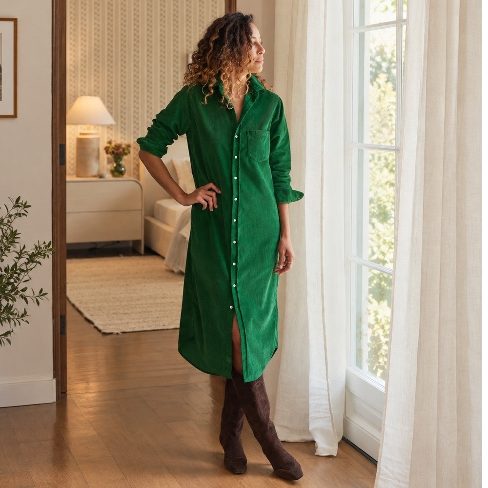 Frank & Eileen Rory Maxi Shirt Dress M Kelly Green Italian Corduroy Holiday